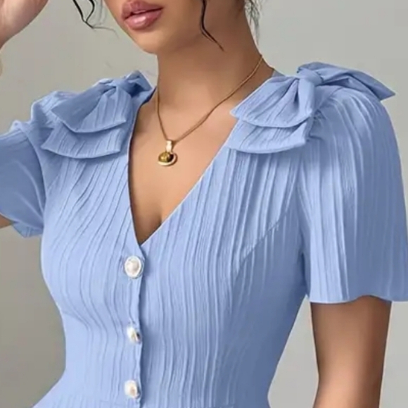 3/$30 Darling Dusty Blur Blouse With Bows - Picture 2 of 5